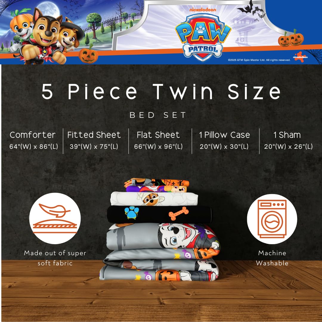 Paw Patrol Kids Halloween Bedding 5 Piece Super Soft Cozy Reversible Comforter and Sheet Set with Sham, Twin, (Officially Licensed Product) By Franco