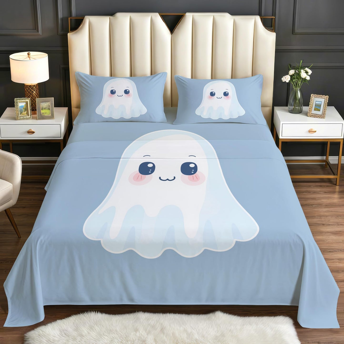 Cute Ghost Sheets Twin Size - Halloween Cartoon Kids Bed Sheet Set - Deep Pocket Soft Microfiber Bedding Set 3 Piece - Fitted Flat Sheet Pillowcase - Cute Ghost Bedroom Decor & Gifts