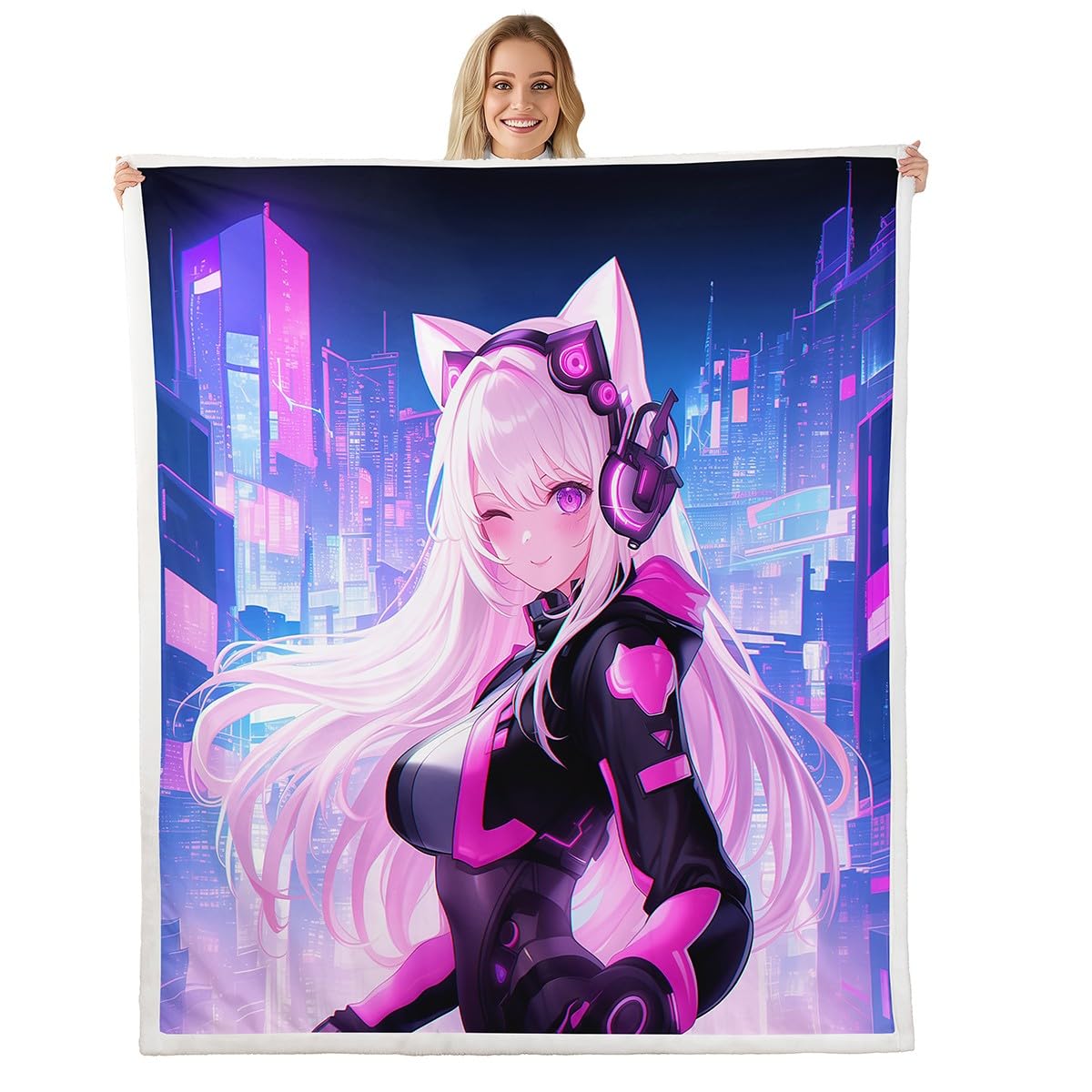 Erosebridal Twin Size Anime Girl Fleece Blanket, Kawaii Japanese Anime Sherpa Blanket Cartoon Girl Fuzzy Plush Throw Sci Fi Japanese Animation Decor for Bed Couch for Kids Girls Teens Adult
