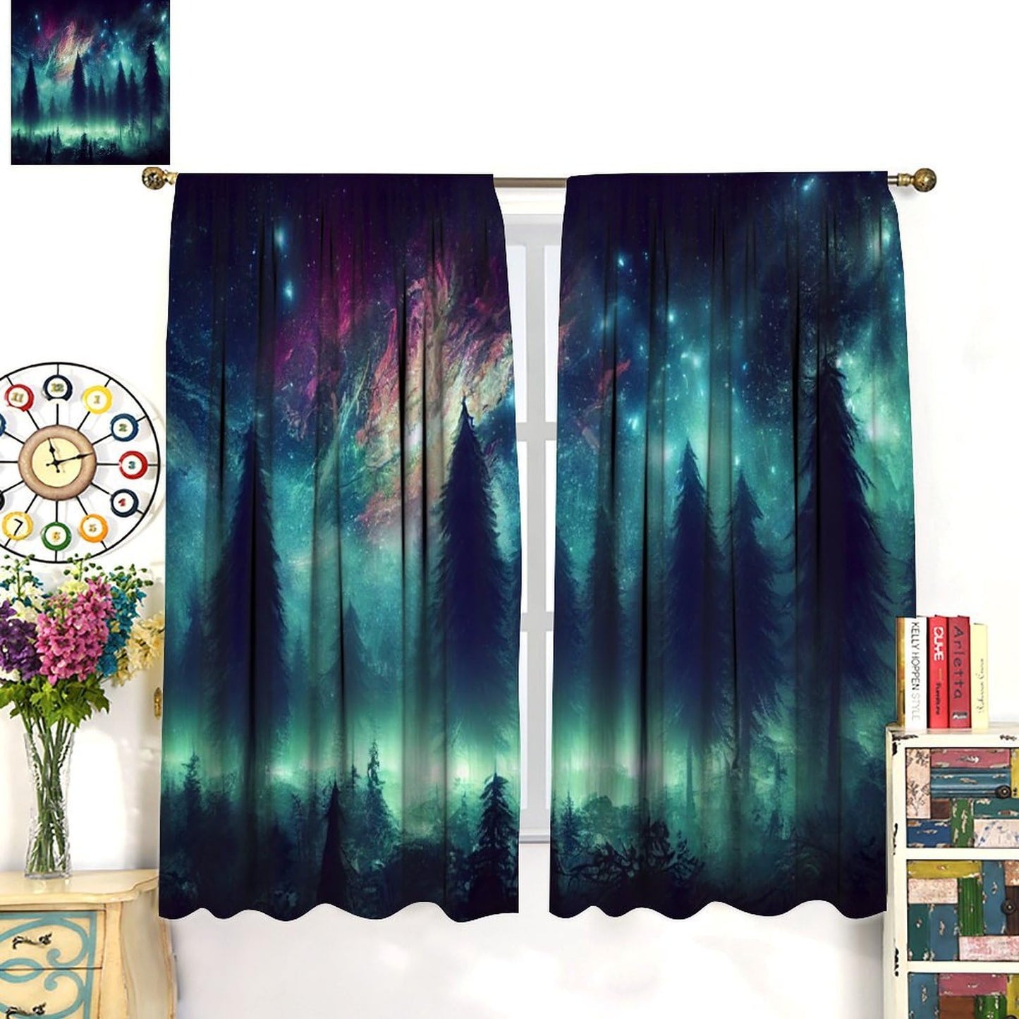 BenYaSong Galaxy Space Blackout Window Curtain Colorful Starry Tree Sky Mountain Misty Forest Fantasy Landscape for Home Kitchen Livingroom Coffee Room Window Curtain 2Panel 42" W X 45" L