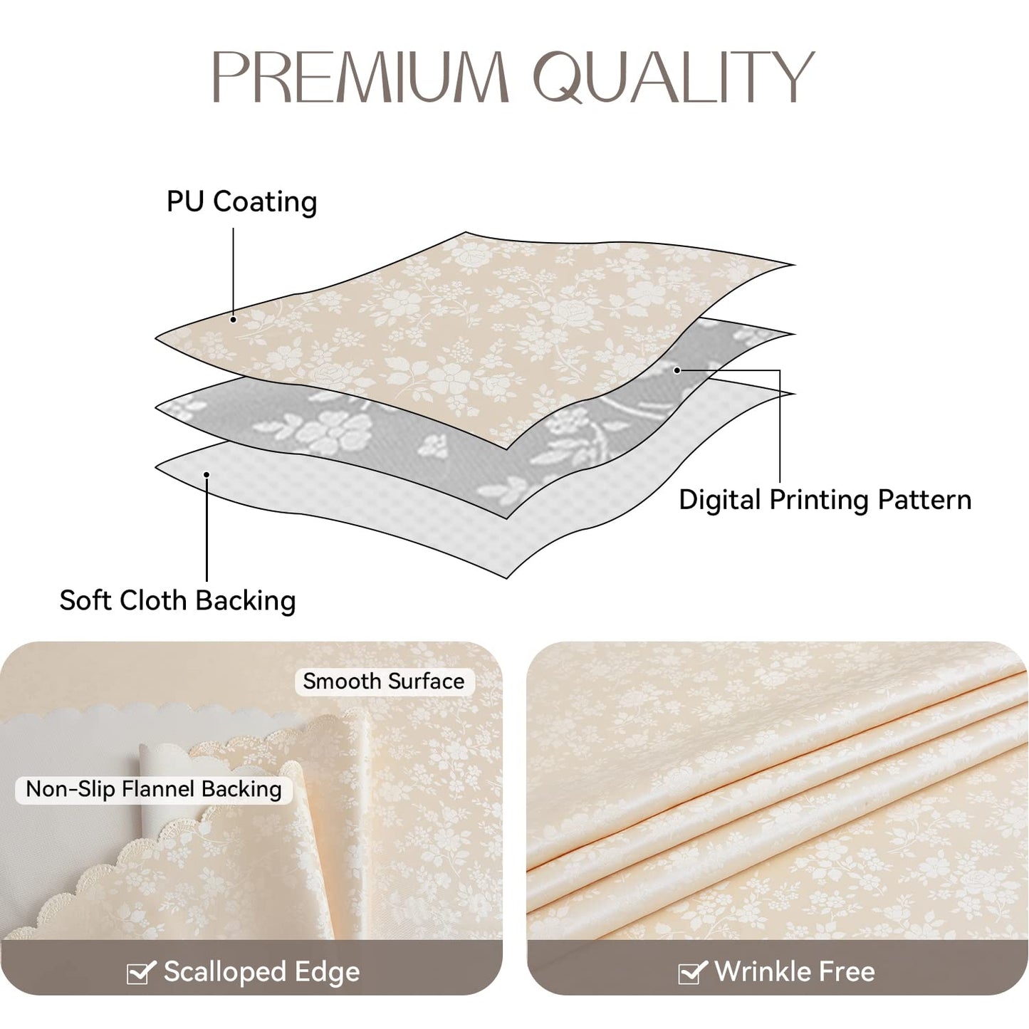 Romanstile Rectangle Vinyl Tablecloth,100% Waterproof Heavy Duty Oil Spill Proof Stain Resistant Plastic PU Table Cover with Flannel Backing for Kitchen, Dining (Rose Beige, 60 x 84)