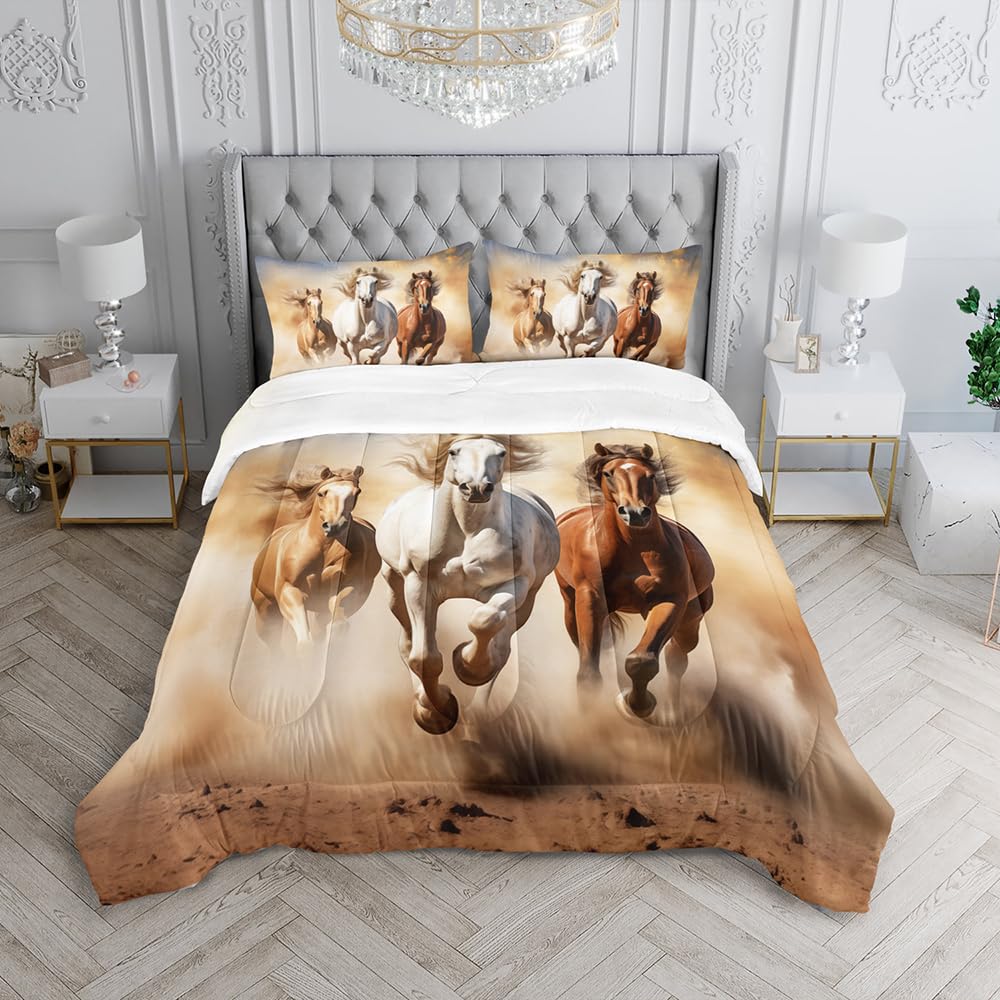 XYNHML Kid Galloping Horse Comforter Set Twin Animal Theme Handsome Horse Bedding Set Wild Animal Grey Sky Sand Decor Quilt Bed Set for Boys Girls Adult, 1 Comforter + 2 Pillowcases