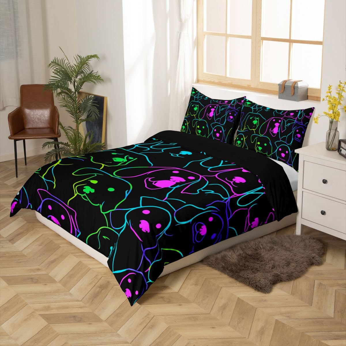 Erosebridal Dog Themed Bedding Full Cute Simple Strokes Animal Comforter Cover for Kids Boys Girls Soft 3 Pcs Duvet Cover, Rainbow Bright Colorful Pet Kawaii Puppy Pattern Bedspread