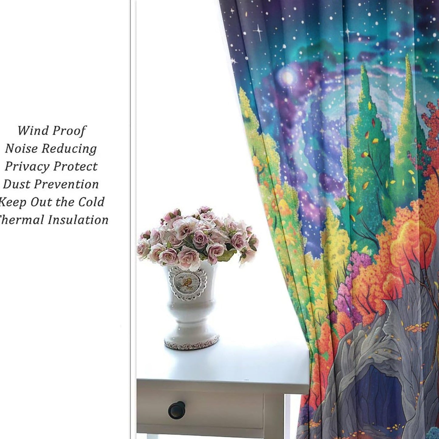 TOWINSFB Autumn Maple Leaves Blackout Curtains, Tree Leaf Forest Star Moon Grommet Thermal Insulated Curtains Window Drapes for Bedroom Living Room, 2 Panels, Each 21W x 63L