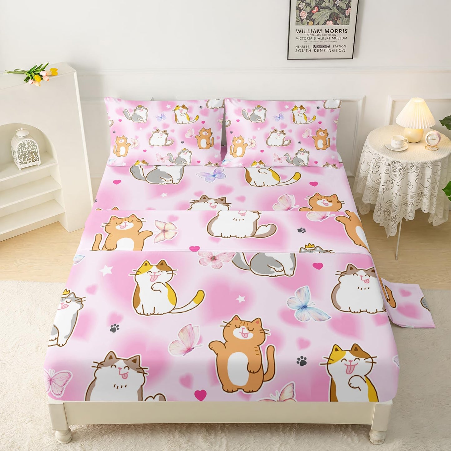 QOOMO Kawaii Cat Kids Bed Sheets Twin Size,Cute Kitten Print Bedding Sheet Set,4Pcs Cartoon Animal Deep Pocket Bed Sets with 1 Fitted Sheet 1 Flat Sheet 2 Pillowcases for Boys Girls Teens