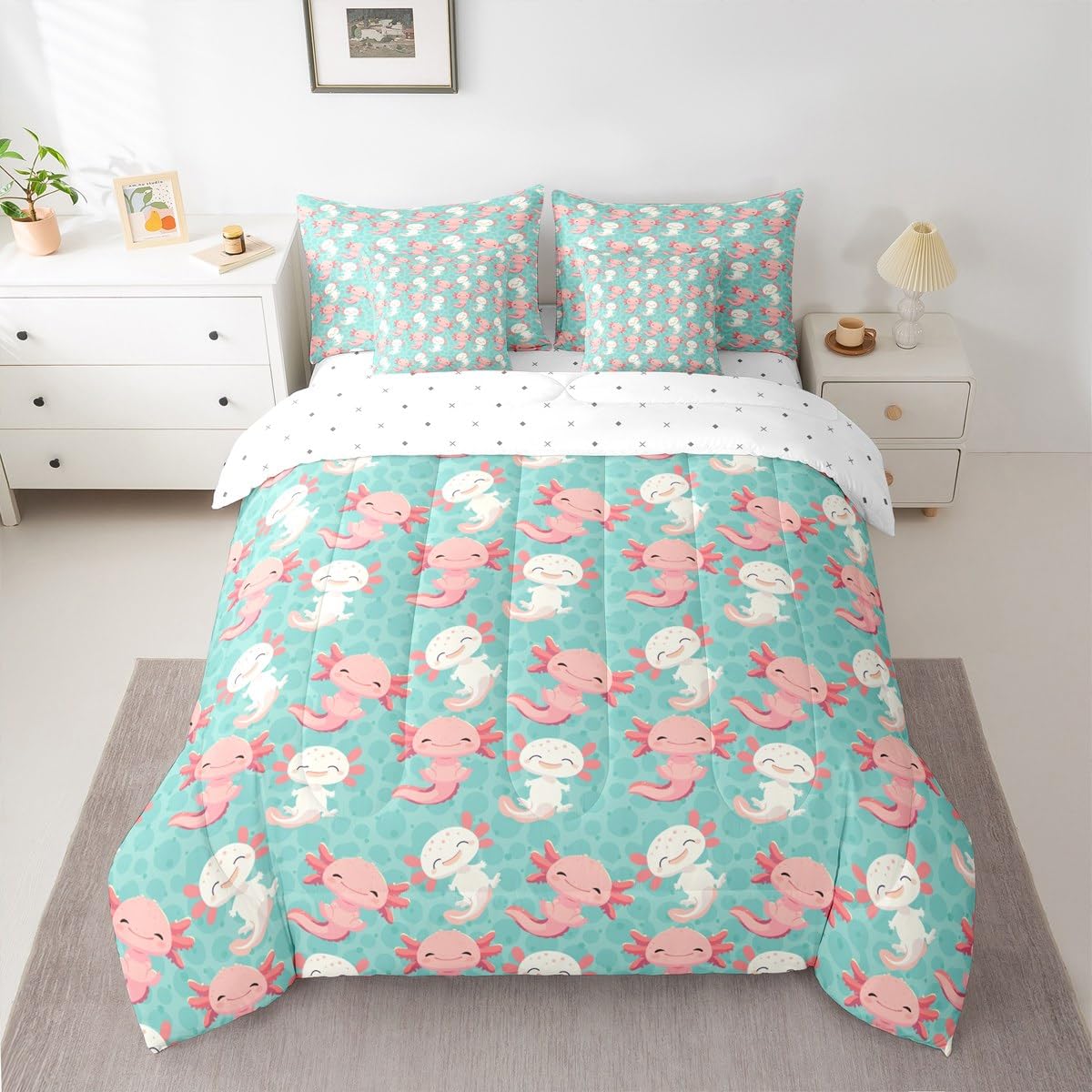 Erosebridal Cute Axolotl 7 Piece Bedding Set Twin Salamander Comforter Set with Sheets Kawaii Animal Bed in A Bag Wildlife Pet Bed Sets with 2 Pillowcases, 2 Throw Pillow Covers