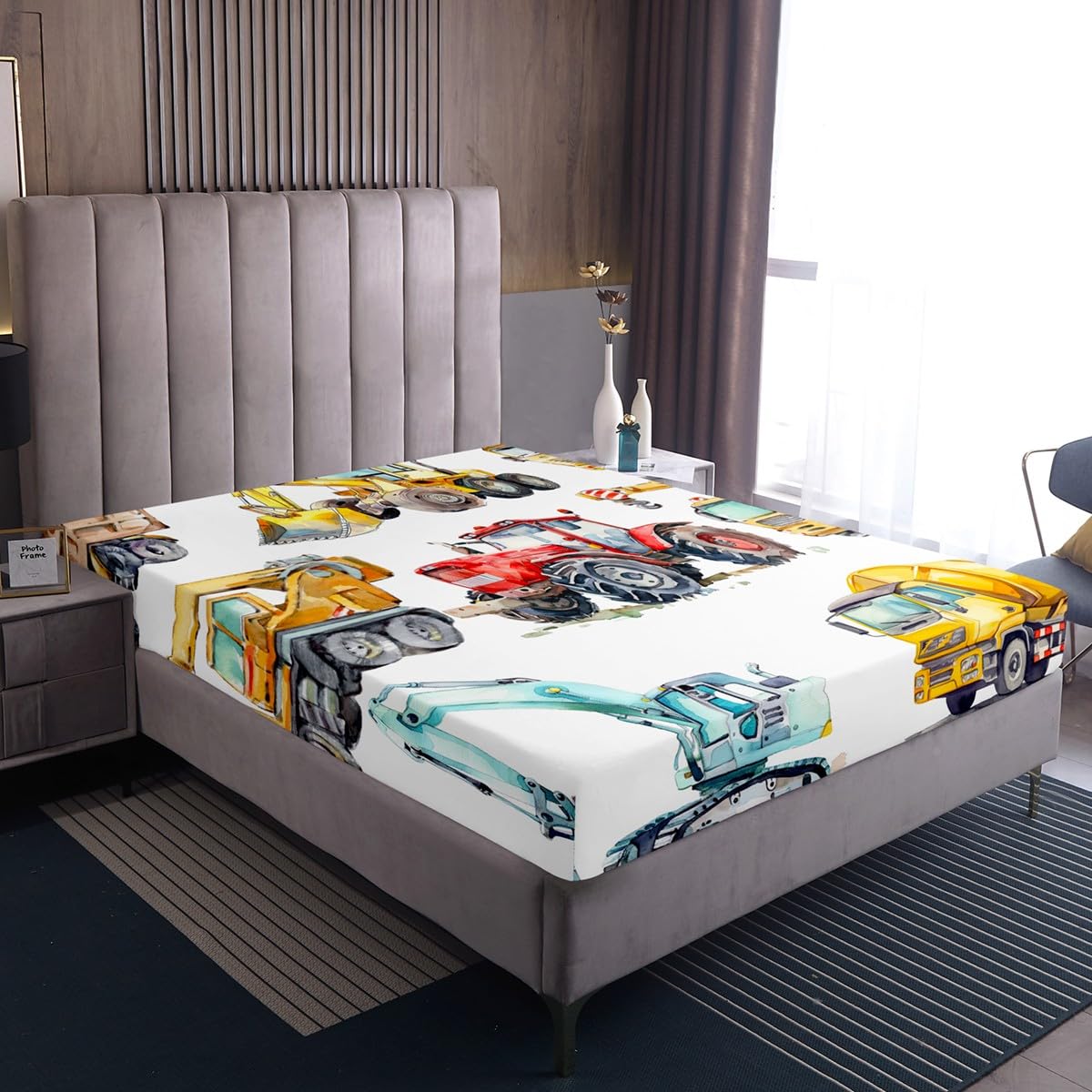 Erosebridal Excavator Bedding Set Full Size Truck Sheet Set for Kids Boys Girls Children Tractor Machinery Truck Fitted Sheet Crane Digger Mixer Bed Sheet Lightweight Décor