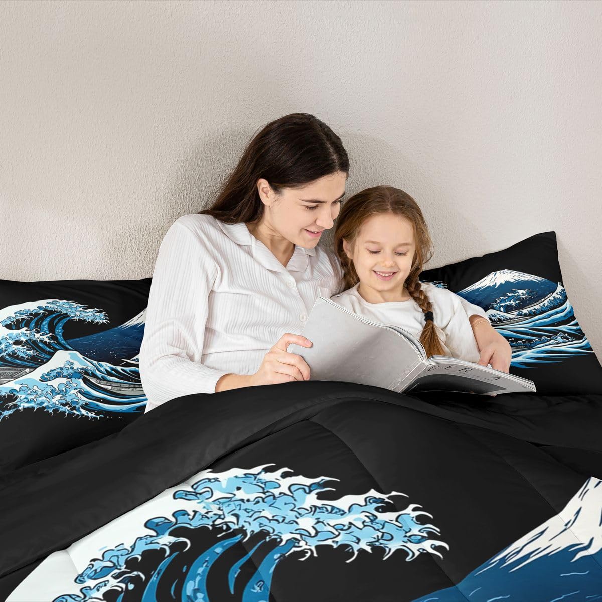 jejeloiu Wave Pattern Comforter Set Queen Size Japanese Style Bedding Set for Kids Boys Girls Mountain Duvet Quilt Ocean Wave Bedroom Decor Microfiber 3 Pcs with 2 Pillow Cases