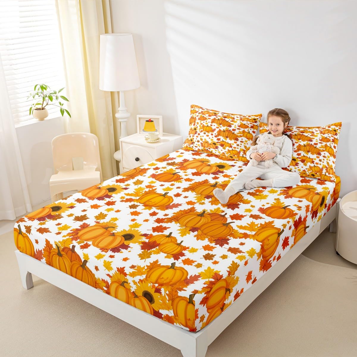 Fall Pumpkin Bed Sheets Queen Autumn Maple Leaves Bedding Set Thanksgiving Harvest Season Decor Sheet Set For Home,Rustic Farmhouse Sunflower Fitted Sheet Orange White Flat Sheet + 2 Pillow Cases
