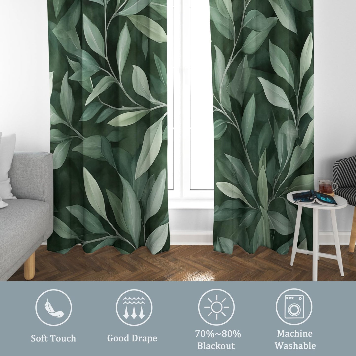 MOBEITI Leaf Curtains for Living Room - Green Leaf Curtain for Bedroom Living Room, Leaves Window Curtains, Botanical Home Decor Drapes 2 Panel Sets, Grommet Black Out Curtain 54 Inch Long