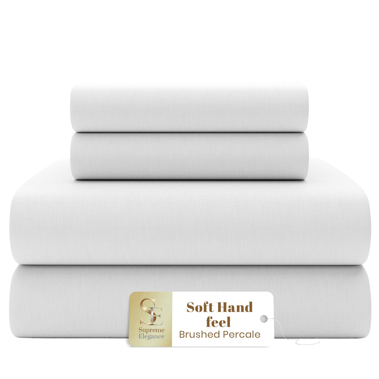 SUPREME ELEGANCE White Full Size Bed Sheets Set, Wrinkle Resistant Brushed Percale Weave Cotton Rich White Bedding Set, Deep Pocket Sheets (1 Flat Sheet, 1 Fitted Sheet & 2 Pillowcases)