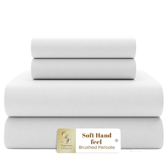 SUPREME ELEGANCE White Full Size Bed Sheets Set, Wrinkle Resistant Brushed Percale Weave Cotton Rich White Bedding Set, Deep Pocket Sheets (1 Flat Sheet, 1 Fitted Sheet & 2 Pillowcases)