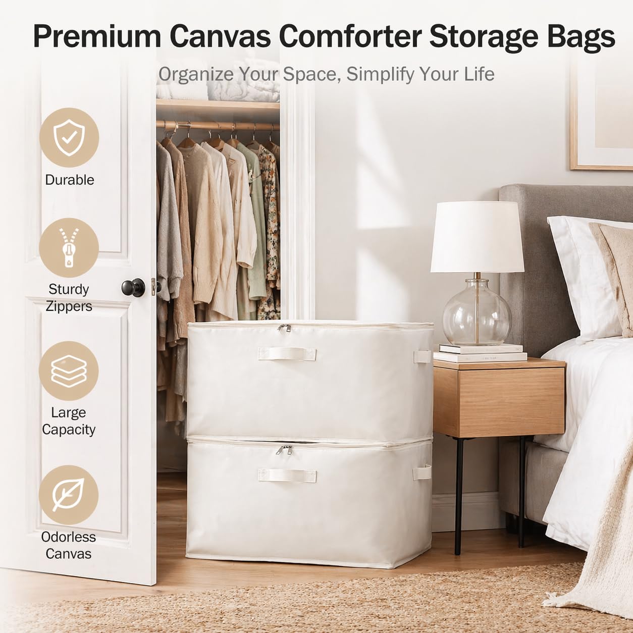 3-Pack Large Canvas Comforter Storage Bags for Clothes Sweater Clothes Organizer with Dual Zipper Three Carrying Handles for Blanket Closet Storage Container