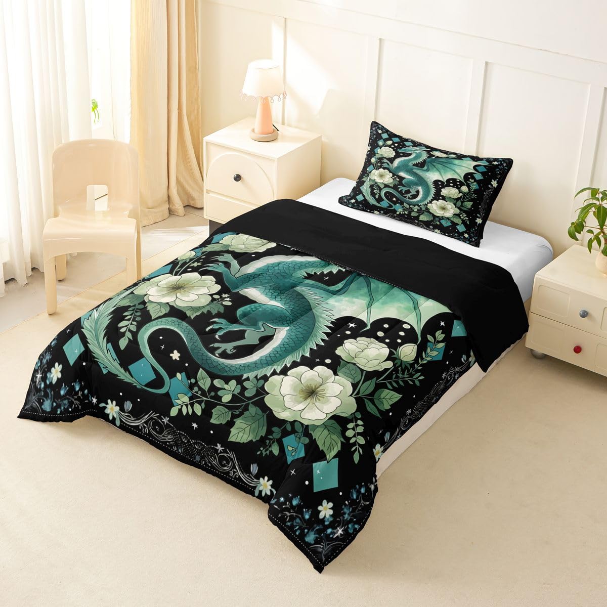 Feelyou Dragon Bedding Set Soft for Boys Girls, Magical Beast Comforter Set Twin Size Jungle Dragon Duvet Quilt Microfiber Wild Animal Bedroom Decor Fantasy Animal 2 Pcs with 1 Pillow Cases