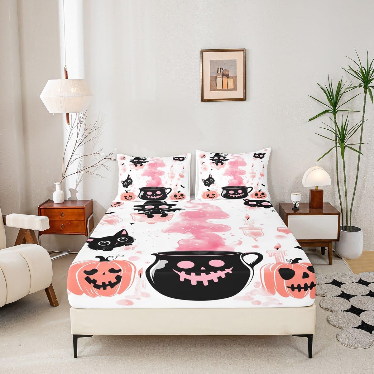Feelyou Kids Halloween Bed Sheet Set Full Size, Pumpkin Fitted Sheet Boys Girls Cute Ghost Bedding Set Black Cat Teens Bedroom Decor with 2 Pillow Case (No Flat Sheet)
