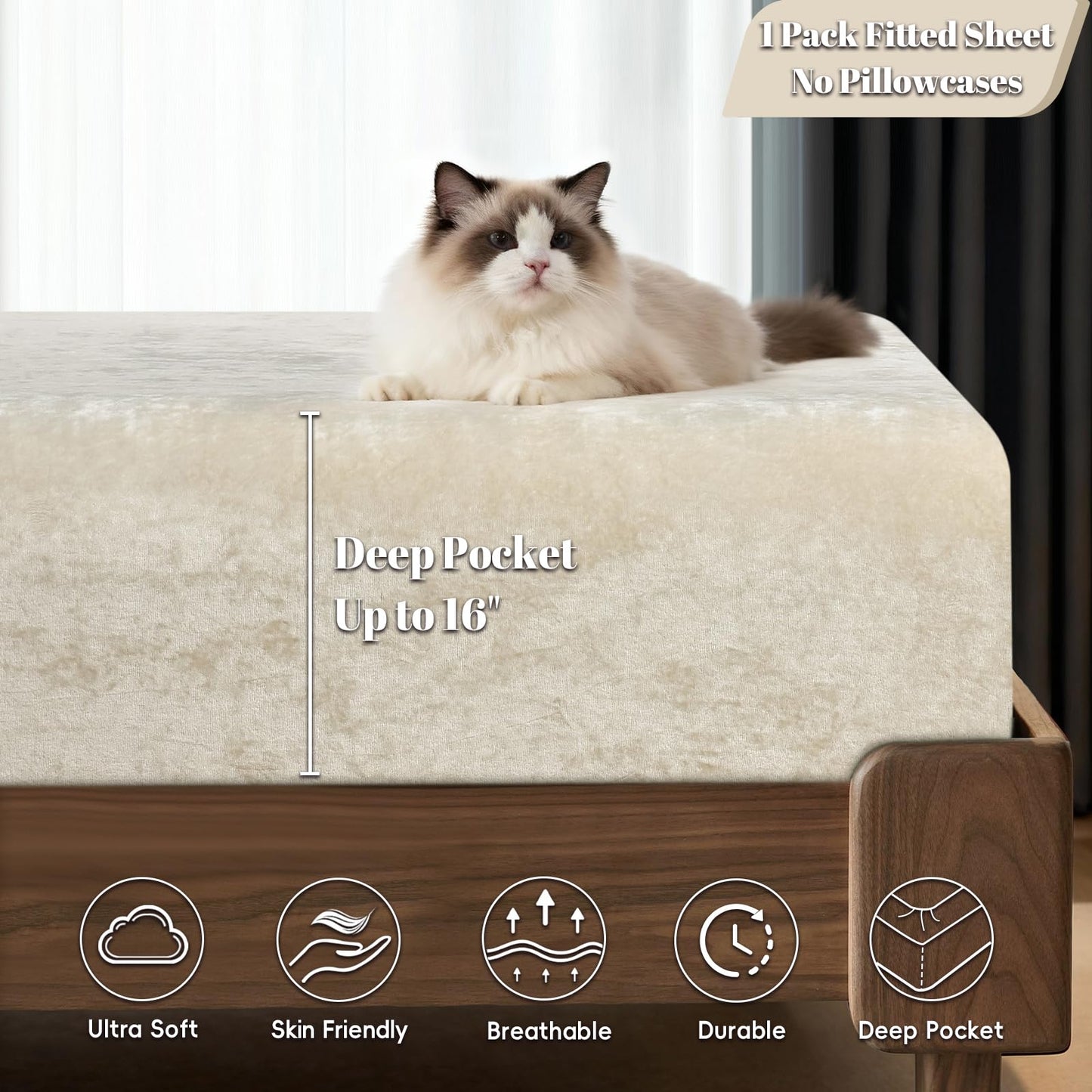 PHF Truly Velvet Fitted Sheet Only Full Size, Luxury Super Soft Cozy Fuzzy Fleece Bottom Sheet, Deep Pocket Up to 16",Strenghth Elastic Band, Suitable for Fall Winter Spring, No Pillowcases, Sand