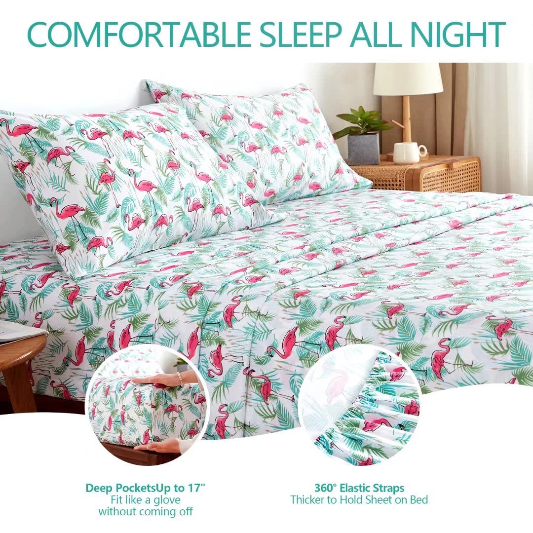 KACEMOO King Sheets Set 4PC - Soft Cooling 1800 Thread Count Micro Boho Printed Bed Sheet, 17 Inch Deep Pocket Breathable, Wrinkle Free, Machine Washable Flamingo Plants Patterned Double Bedding