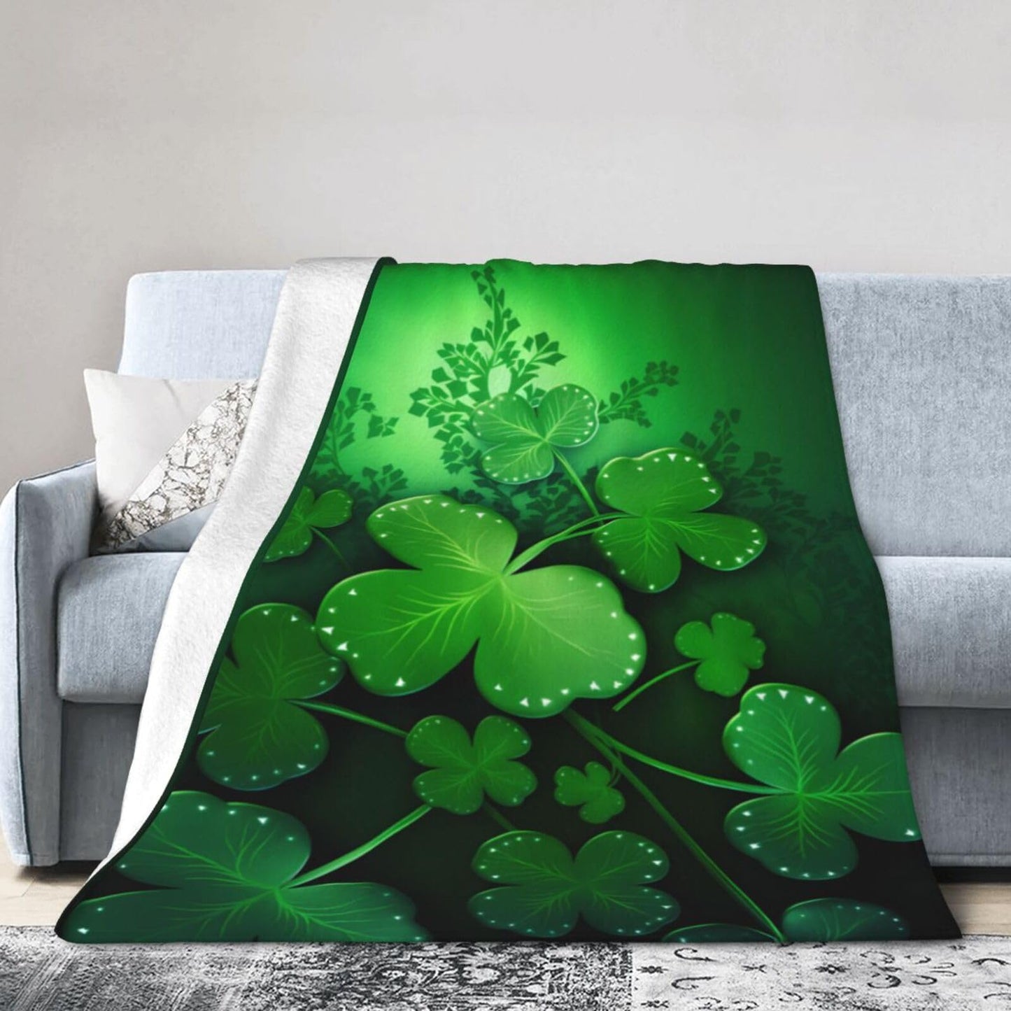 Dewoofly Green Clover Leaves Washable Fleece Throw Blankets, Saint Patricks Day Blanket for Bed Couch Sofa, All Seasons Home Camper Travel 60"x50"