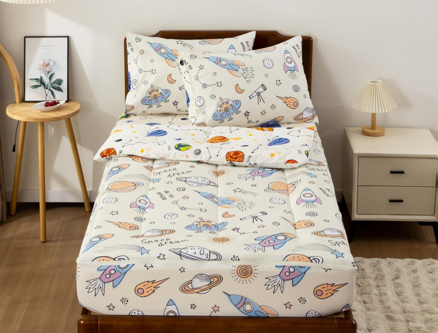 Meeting Story 3pcs Kids Comforter Set Zipper Bedding Set,Twin Space Bedding Set Comforter Set for Kid,All in one Zipper Bedding（Beige,Twin）