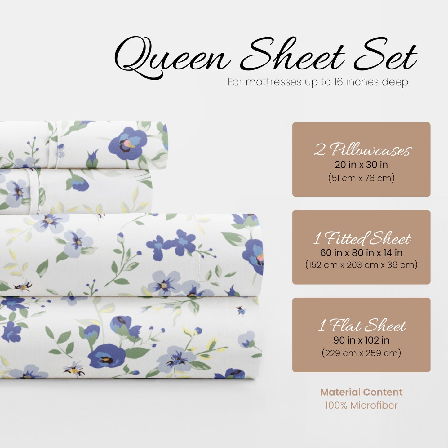 Linen Market 4 Piece Queen Sheet Set - Breathable, Double-Brushed Patterned Cooling Sheets – Ultra Soft & Wrinkle-Free 16" Deep-Pocket Queen Sheets - Easy Care Blossoms Light Blue