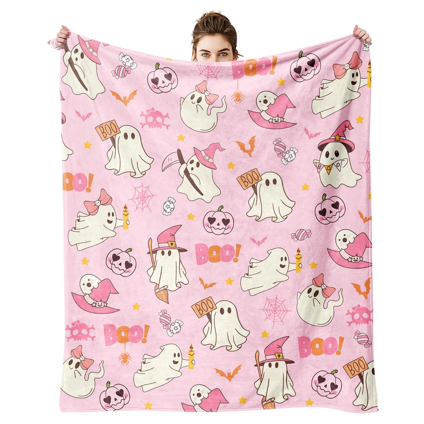 UIMCHWP Pink Ghost Boo Blanket - Fun and Cute Flannel Soft Warm Blanket for Sofas and Chairs - 50x60 Inch