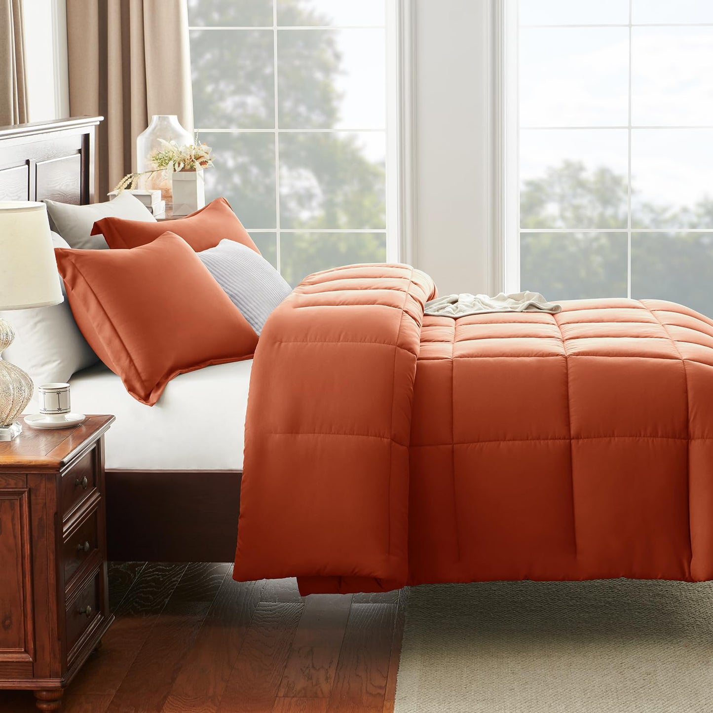 CozyLux Queen Comforter Set - 270GSM Terracotta Bedding Sets for All Seasons, 3 Pieces Box Stitched Bed Set with 1 Down Alternative Comforter and 2 Pillow Shams, Soft, Lightweight, Breathable