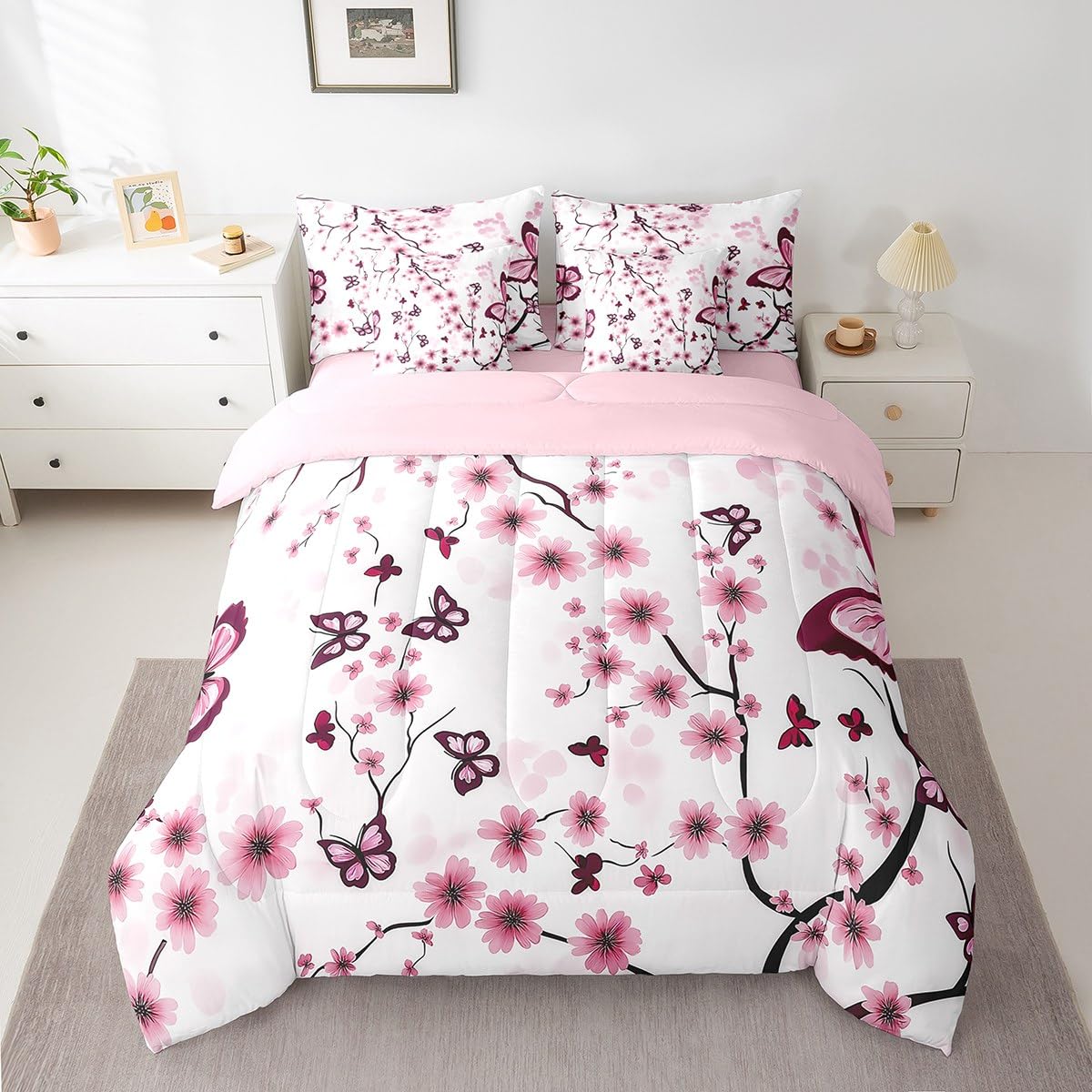 Erosebridal Cherry Blossom 7 Piece Comforter Set Queen Bed in a Bag,Spring Elegant Flowers Butterfly Bedding Set for Girls Women,Girly Japanese Style Quilt Duvet,Botanical Floral Bed Set,Pink Purple