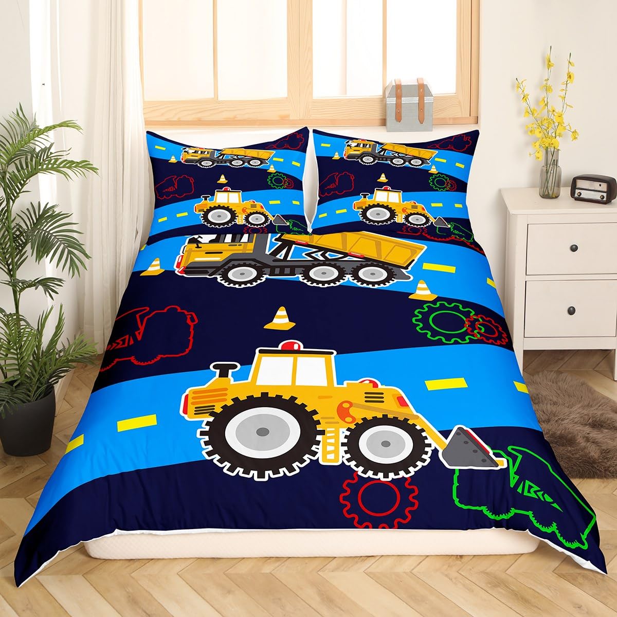 Truck Duvet Cover Boys Full Bedding Sets Kids Excavator Equipment Truck Comforter Cover Construction Vehicle Quilt Cover Cartoon Machinery Truck Gear Bedding Bulldozer Tractor Cars Bedding,Colorful