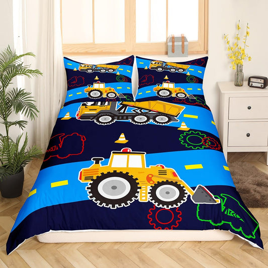 Truck Duvet Cover Boys Full Bedding Sets Kids Excavator Equipment Truck Comforter Cover Construction Vehicle Quilt Cover Cartoon Machinery Truck Gear Bedding Bulldozer Tractor Cars Bedding,Colorful