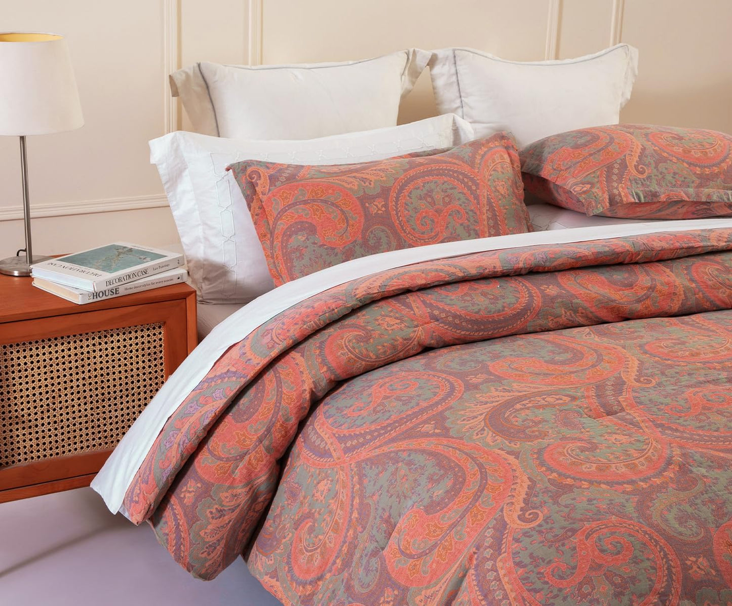 SLEEPBELLA Washed Double Layer Muslin 100% Cotton Comforter Set Queen Size, Paisley Fluffy Thick Checked Bedding Set, Soft Breathable(1 Comforter, 2 Pillow Shams)