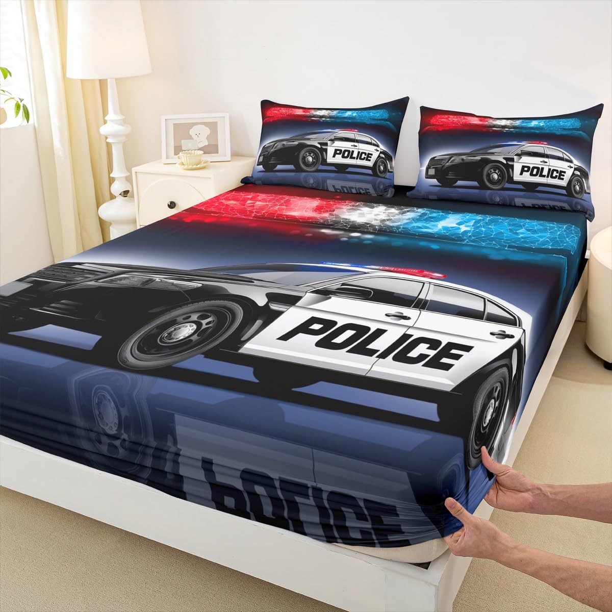 Erosebridal Boys Police Car Bed Sheet Set King Size Kids Children Policeman Vehicle Bedding Sets Red Blue Cop Lights Sheet Set Geometric Graphic Deep Pocket Fitted Sheet+ Flat Sheet + 1 Pillow Case