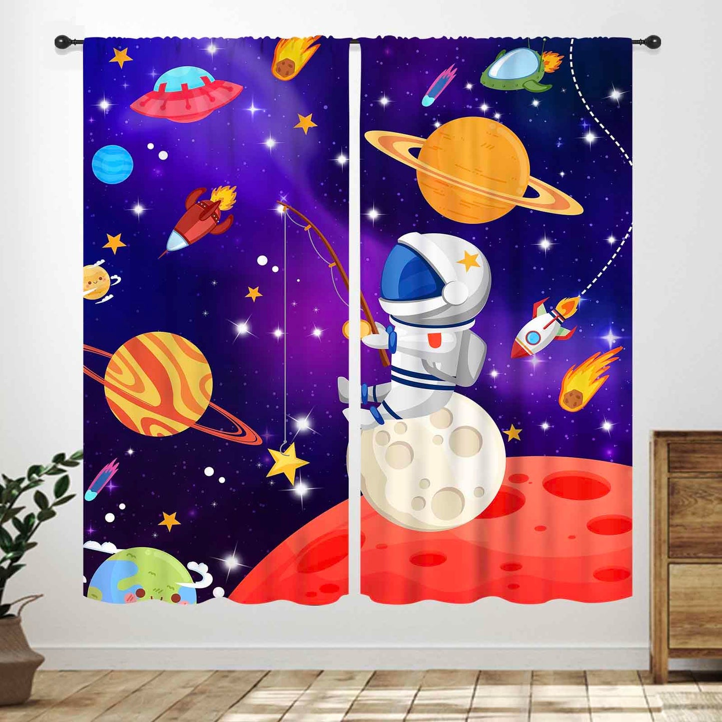Lnepty Kids Cartoon Space Curtains,Outer Space Universe Solar System Planet Window Curtains for Boys Cartoon Astronaut Galaxy Curtains for Bedroom Nursery 2 Panels,42X45 Inch