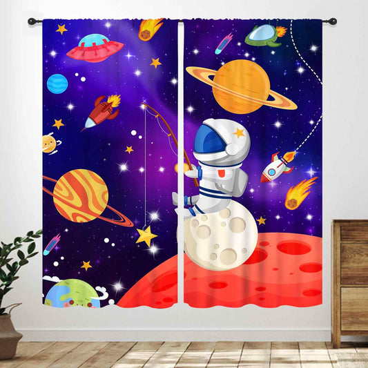 Lnepty Kids Cartoon Space Curtains,Outer Space Universe Solar System Planet Window Curtains for Boys Cartoon Astronaut Galaxy Curtains for Bedroom Nursery 2 Panels,42X45 Inch