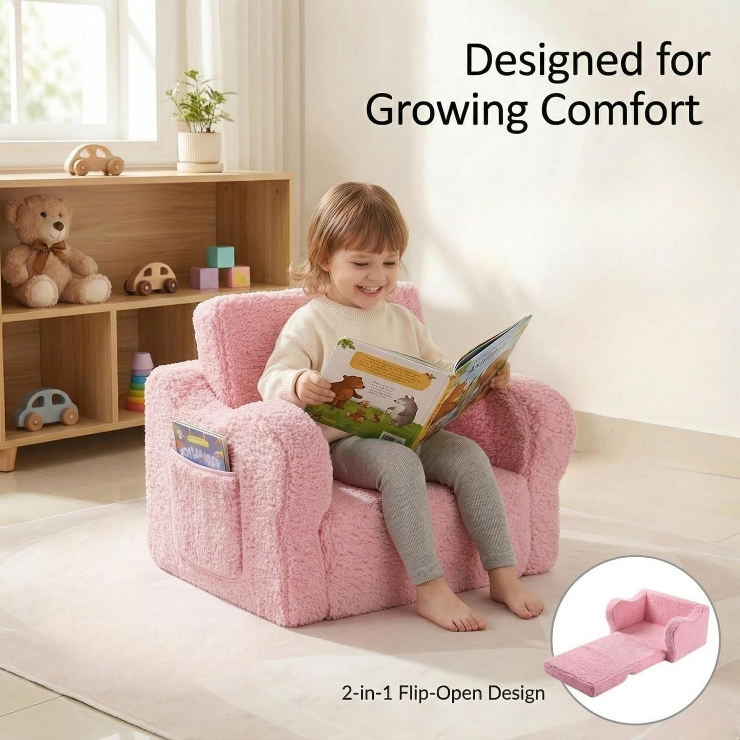 MOMCAYWEX Kids Sofa, 2-in-1 Flip-Out Foam Couch with Soft Sherpa Cover, Cozy Play Lounge Chair, Pink