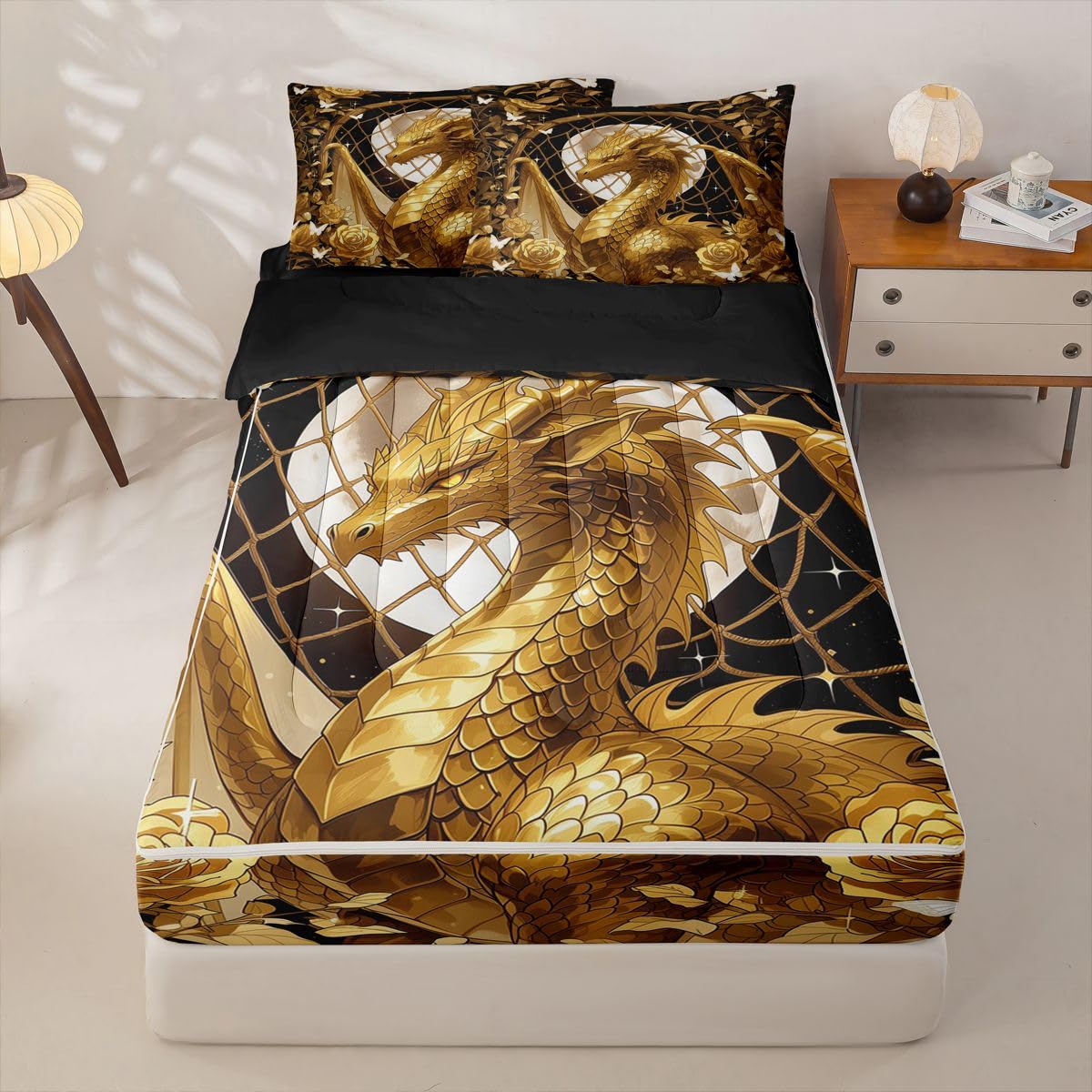 jejeloiu Flying Dragon Zipper Bedding for Kids Twin Size Gold Rose Floral Bed in a Bag with Sheets, Comforter, Pillowcases Fantasy Animal Comforter Set for Boys Girls Ancient Wildlife Beddingh Sets