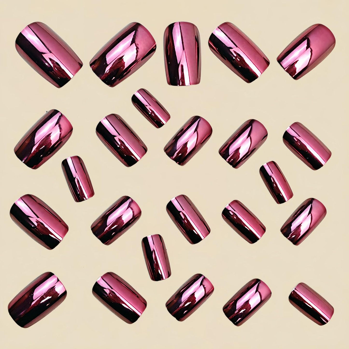 RUOKEXIN Medium Length Press on Nails Square Fake Nails Red Chrome False Nails Full Cover Nail Press ons Sparkly Artificial Nails for Women 24Pcs