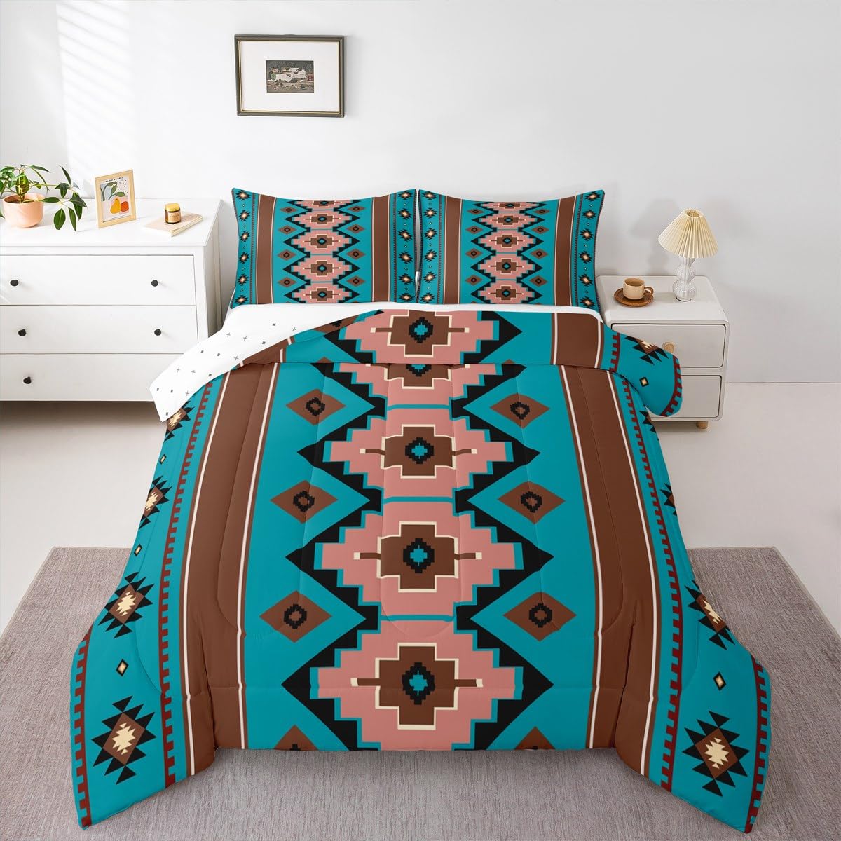 Feelyou Boho Aztec Kids Comforter Set Twin Size West Bedding Set Teel Brown Duvet Quilt for Kids Boys Girls Bedroom Western Decor Microfiber Ultra Soft Breathable