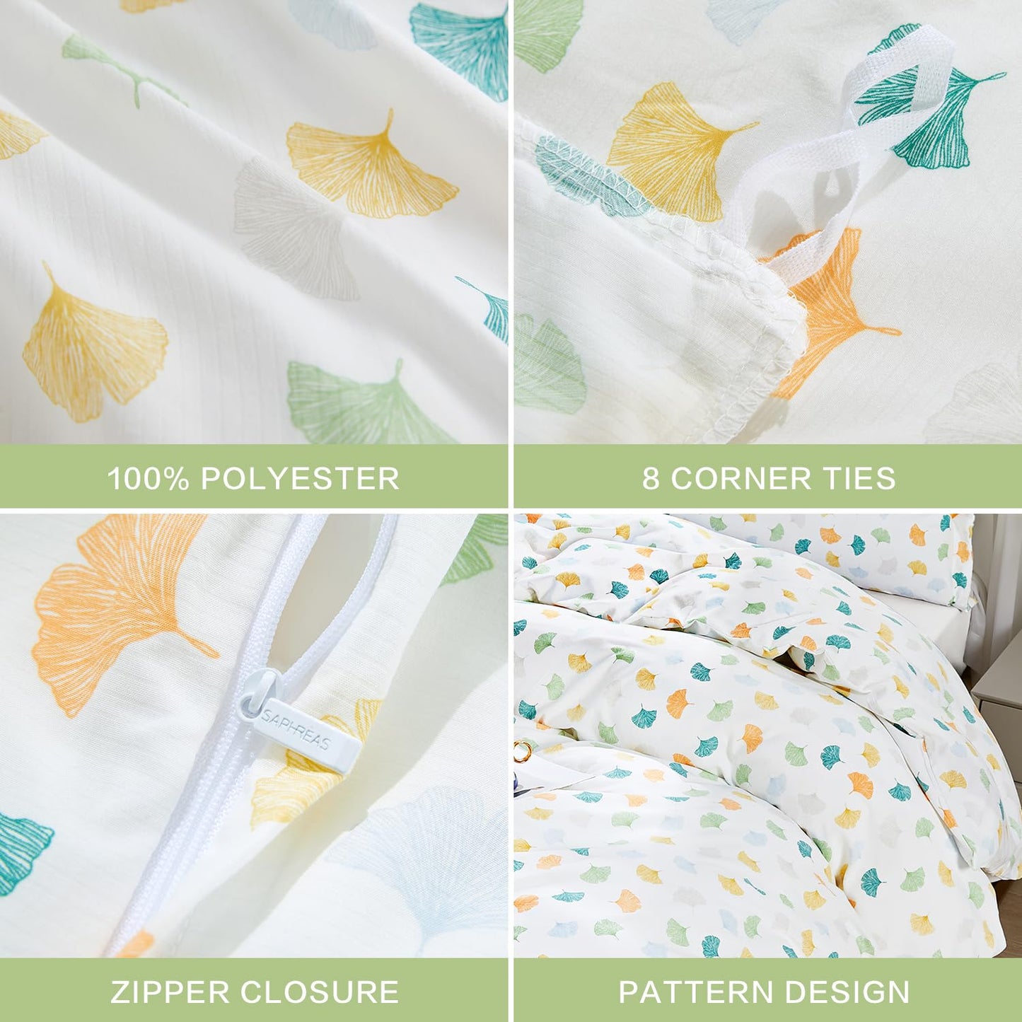 SAPHREAS Autumn Colorful Ginkgo Leaves Duvet Cover Set Soft Microfiber Bedding Set with Zipper Closure 8 Ties Full Size White Comforter Set 3pcs 1 Duvet Cover 2 Pillow Shams