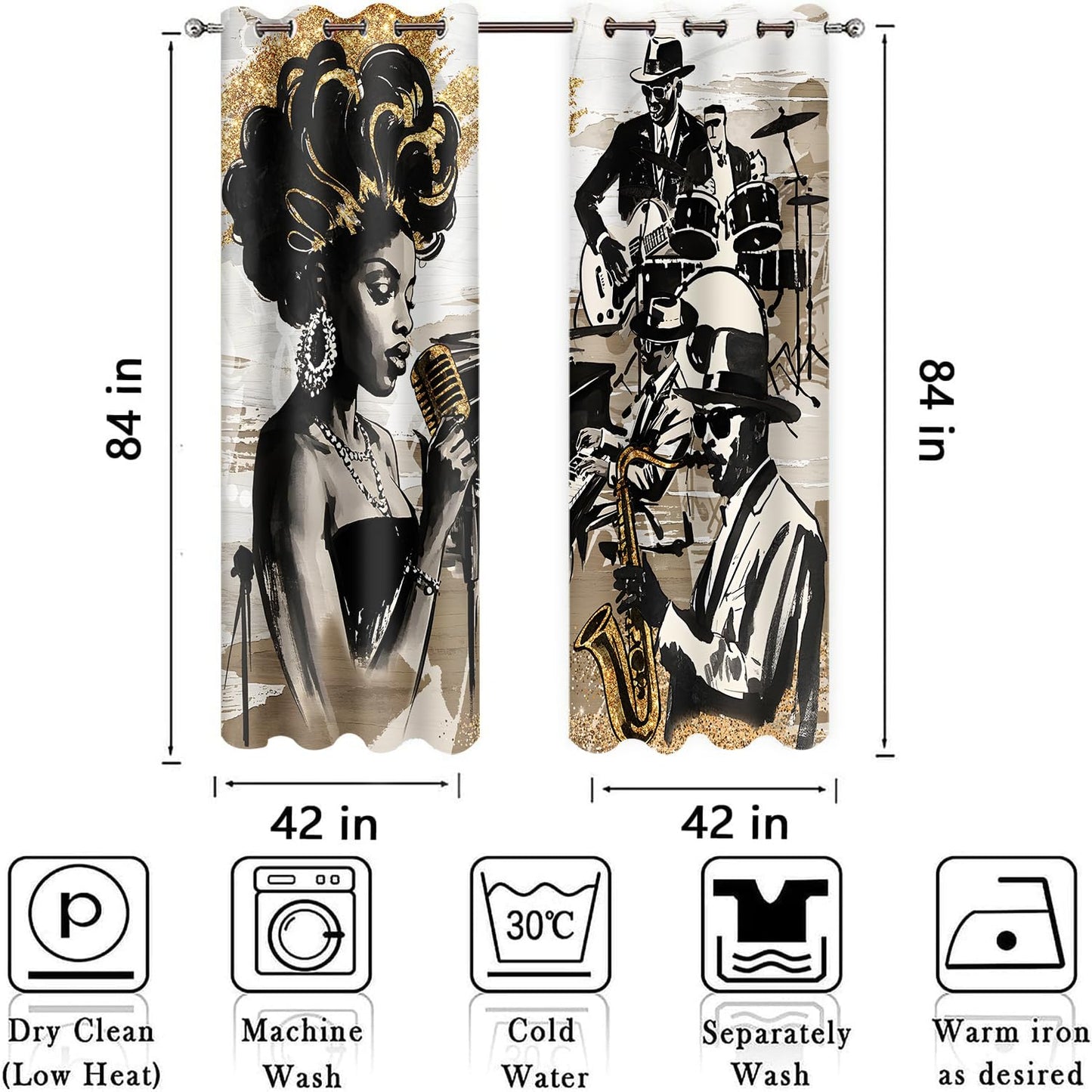 HIYSMT American Woman Jazz Music Curtains African Black Girl Singing Jazzist Band Blackout Curtain Afrocentric Black Gold Modern Art Treatments for Music Room Bedroom 4284inch 2Panel HI028DX