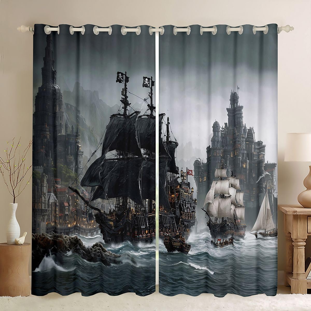 Erosebridal Nautical Blackout Curtains Retro Sailboat Sailing Window Curtains 42" Wx63 L Teen Kids Men Fantasy Ocean Advanture Window Treatments Drapes for Bedroom Coastal Ship 2 Panels Decor