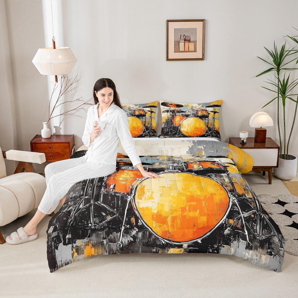 Erosebridal Drum Kit Comforter Set Queen Rock Music Instruments Bedding Set Watercolor Drum Kit Comforter for Kids Boys Girls,Drum Lovers Quilt Duvet
