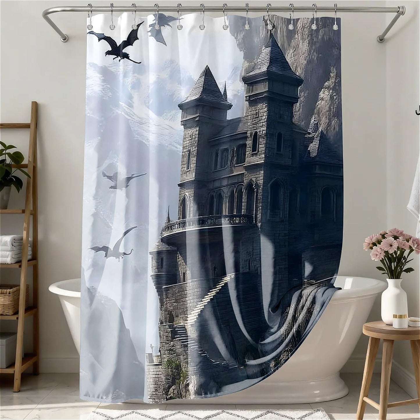 TANGXUNFA Pterosaur Castle Shower Curtain for Bathroom, Water-Resistant Long Shower Curtain Set 72x72 Inch with Metal Grommets and 12 Metal Hooks