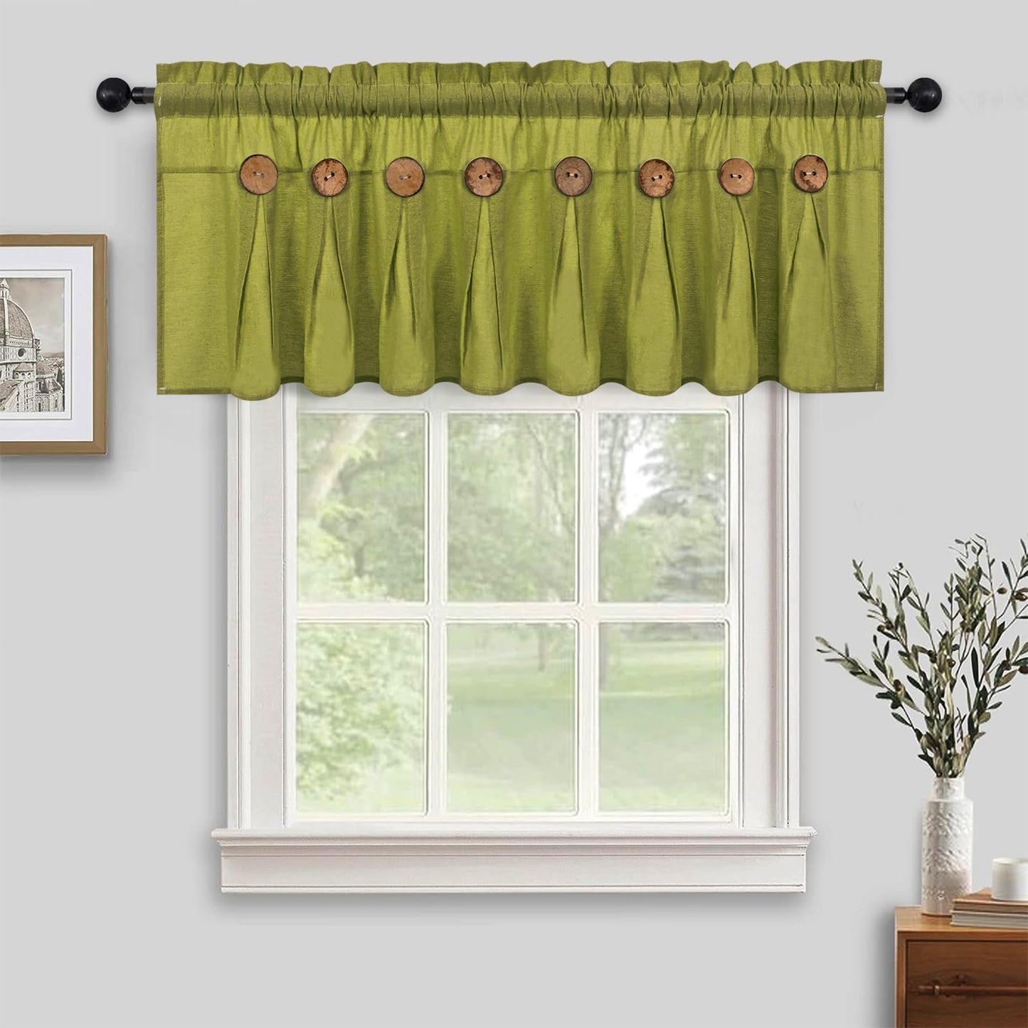 FRAMICS Farmhouse Valance Curtains, Boho Cotton Linen Kitchen Valance, Fresh Green Rustic Button Window Valances for Kitchen Bathroom, Rod Pocket Valances for Windows, Fresh Green, 52 x 18 Inch