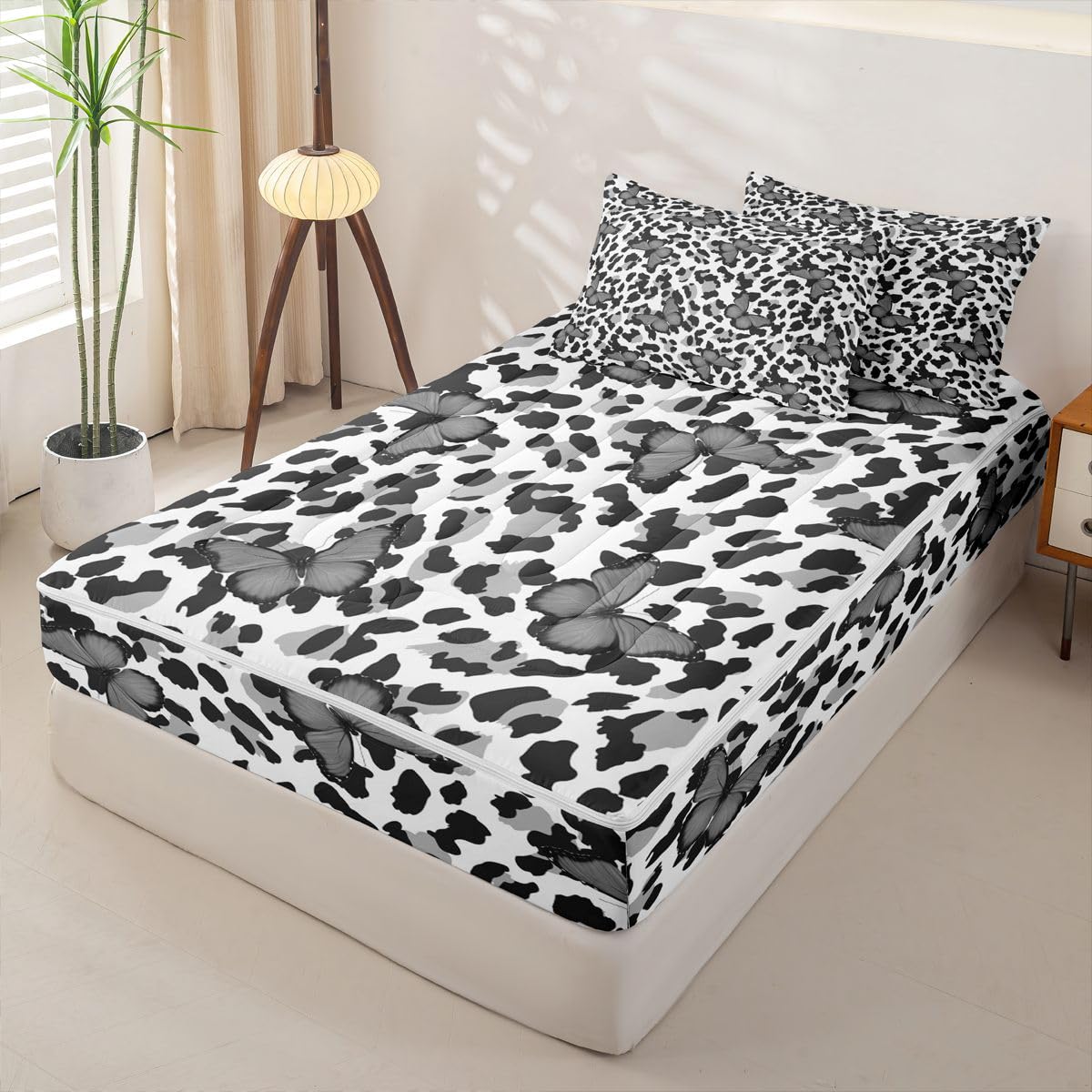 Feelyou Leopard Print Queen Zipper Bedding Set Black Gray Butterfly Kids Comforter Set with Fitted Sheet and 2 Pillowcases Girl Butterflies Bed in a Bag Zip Up Bedding Soft Microfiber