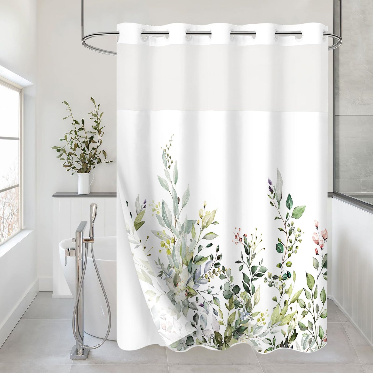 Gibelle No Hook Eucalyptus Shower Curtain with Snap-in Fabric Liner Set, Hotel Style Sage Green Plant Leaves Double Shower Curtain with See Through Top Window, Waterproof & Washable, 72x74