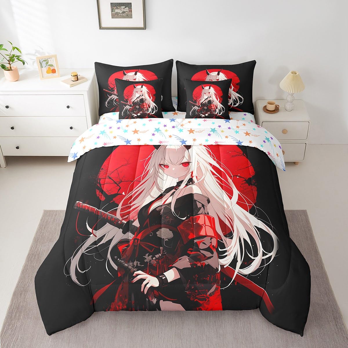 Erosebridal Twin Japanese Anime 7 Piece Comforter Set for Kids, Anime Girl Bed in A Bag Kawaii Japanese Style Bedding Set Cartoon Japan Animation Bed Set for Boys Teen Adult Women Bedroom