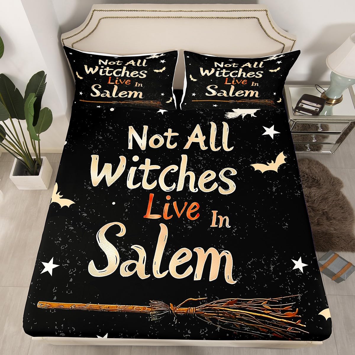 Feelyou Halloween Decor Fitted Sheet with 2 Pillowcases Full Size Witch Bed Sheets Set 16" Deep Pocket Boys Girls Magic Broom Bedding Happy Halloween Teens Bedroom Decor Breathable Soft