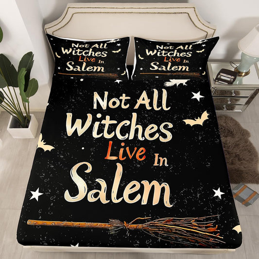 Feelyou Halloween Decor Fitted Sheet with 2 Pillowcases Full Size Witch Bed Sheets Set 16" Deep Pocket Boys Girls Magic Broom Bedding Happy Halloween Teens Bedroom Decor Breathable Soft