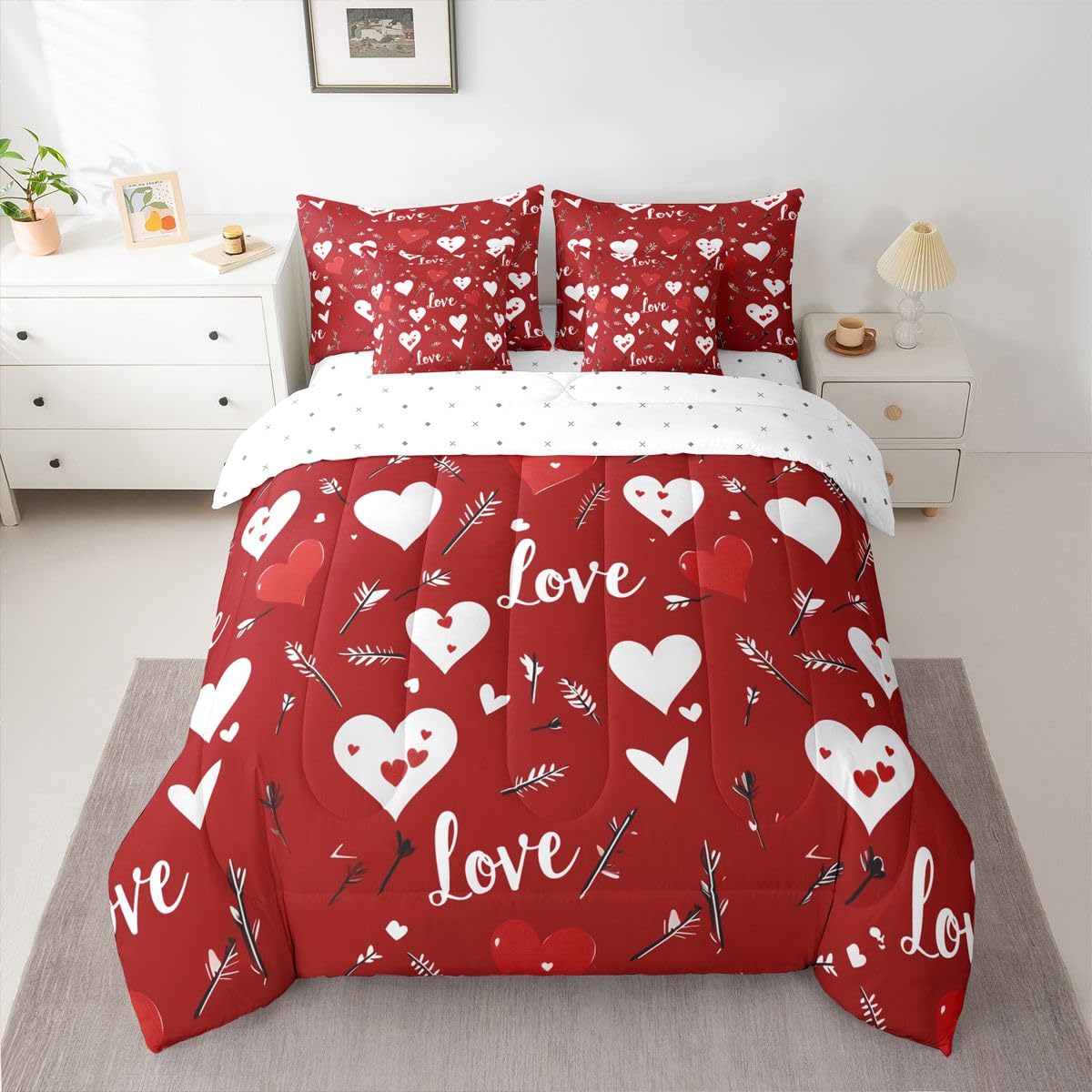 Erosebridal Red Valentines Day Full Bedding Set - Valentines Love Heart Bed in A Bag,Heart Printed Comforter Sets with Sheets, Couple Romance Gifts 7 Pieces Bed Set Bedroom Decor