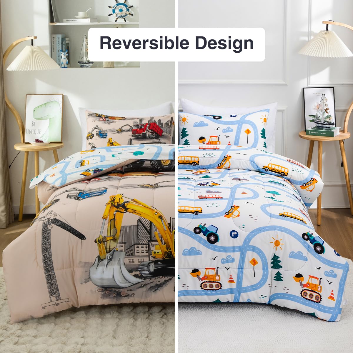 Holawakaka Trucks Tractors Cars Boy Bedding Comforter Set with Sheets, Twin Size Cartoon Construction Car Excavator Print Kids Bed in A Bag 5-Piece, Boys Reversible Dorm Bed Sets (Camel Twin)
